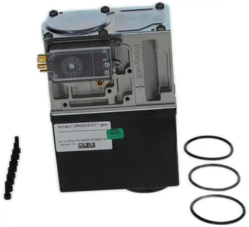 Bosch Gasarmatur mit einer oberen Einheit, mehreren Schrauben und drei Dichtungsringen, abgebildet auf einem neutralen Hintergrund.